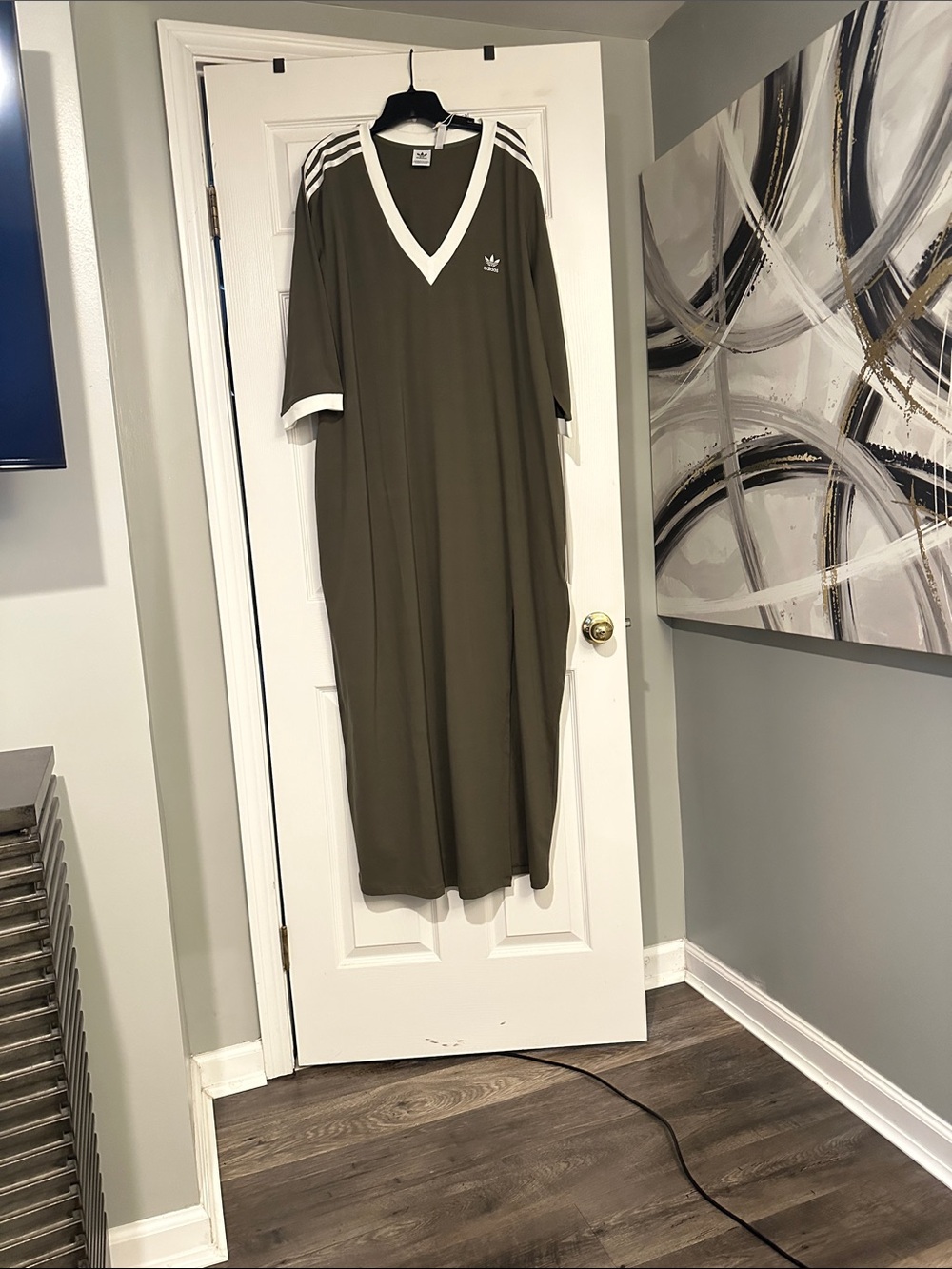 adidas Olive Maxi Dress with White Trim and Shoulder Stripes